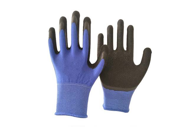 13 gauge blue polyester black foam coated gloves