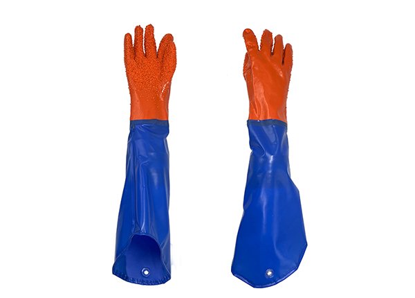 65cm long orange PVC gloves with dots and oversleeves