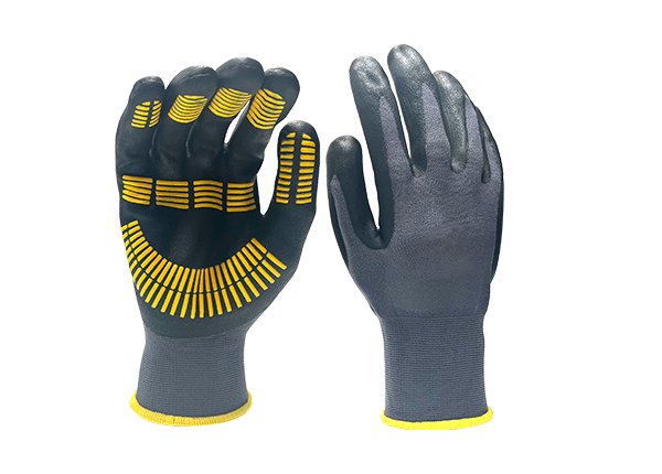 15 gauge breathable knitted gloves with Nitrile foam palm coating and Nitrile bar pattern